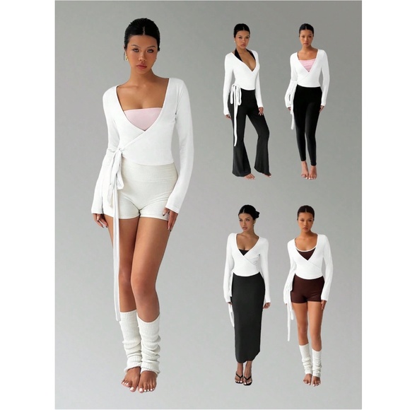 White V-Neck Long Sleeve Tie Side Wrap Shirt - Picture 7 of 9